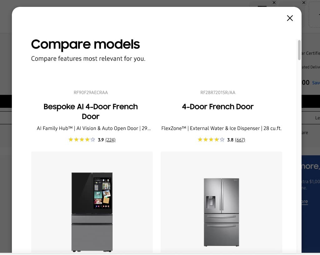 Compare models popup showing product headers and images