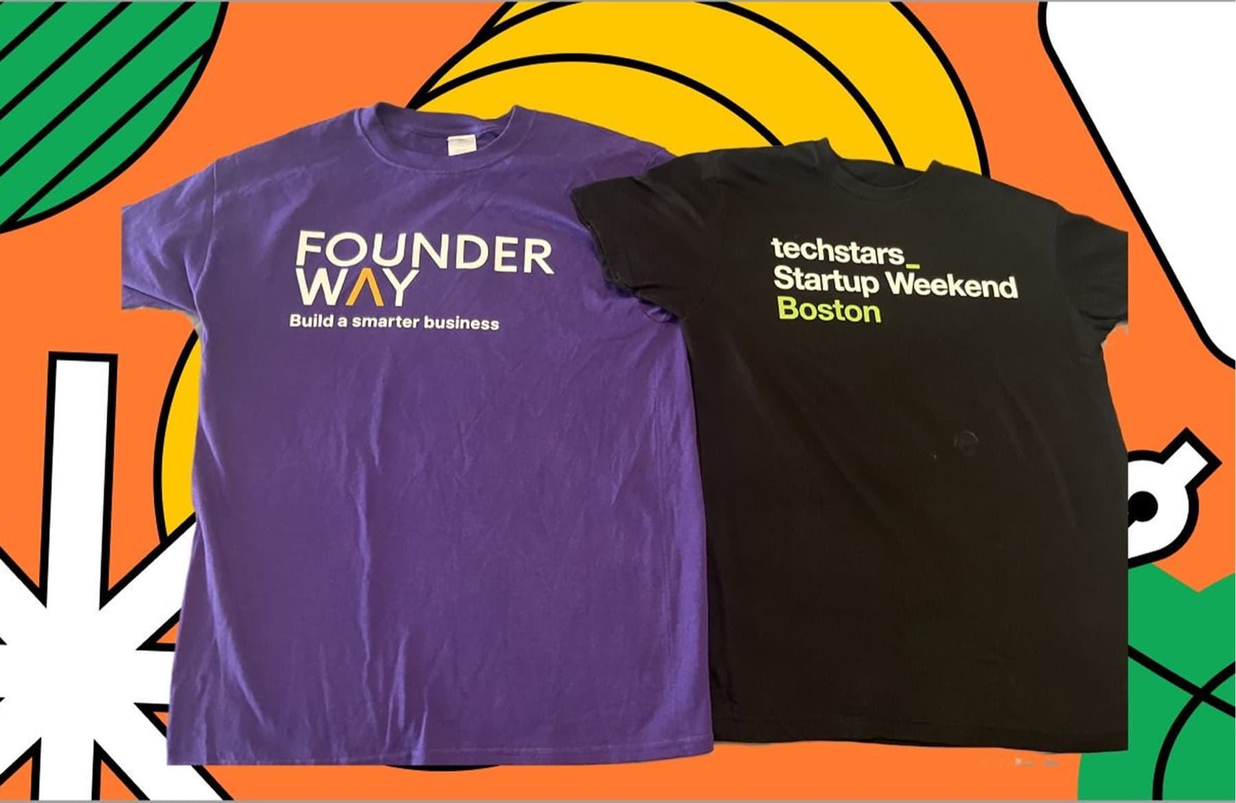 A Founderway t-shirt beside a Techstars Startup Weekend Boston t-shirt